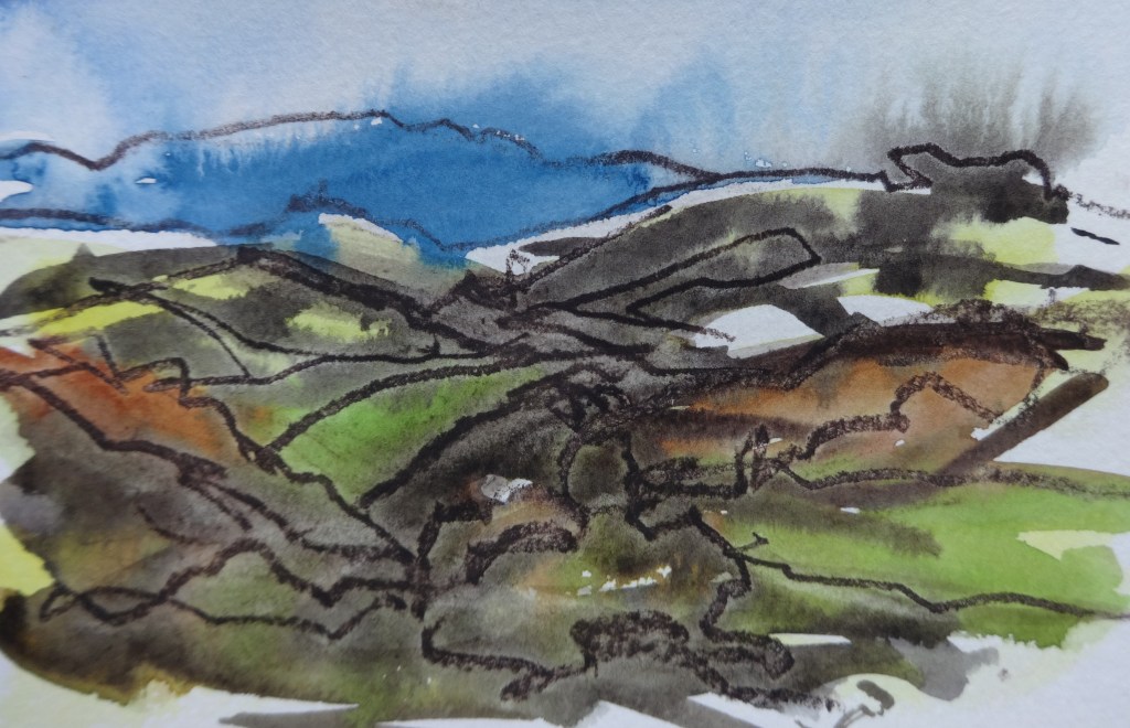 Black Mixen from South of Fiddler’s Elbow Watercolour and charcoal 9 x 13 cm