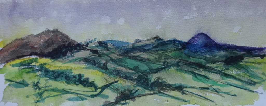 Caer Caradoc and The Wrekin Watercolour and graphite 11 x 26 cm
