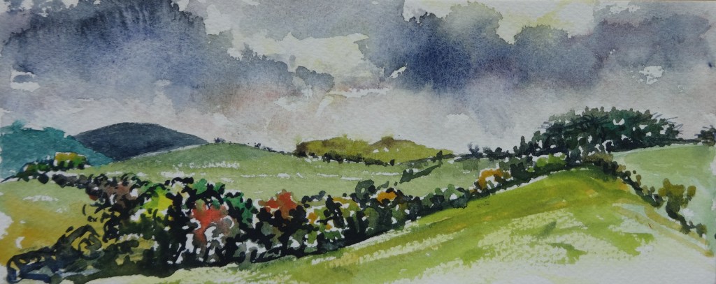 Corndon, Stapeley Hill, Flenny Bank Watercolour 11 x 26 cm