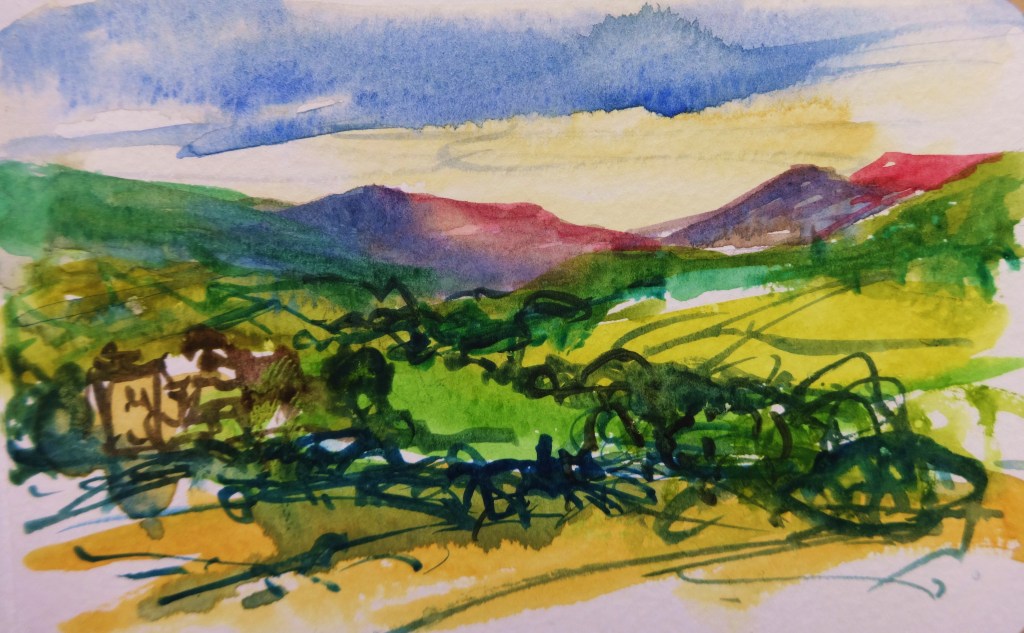 Longmynd and Ragleth from Stoke Wood Watercolour 9 x 13 cm