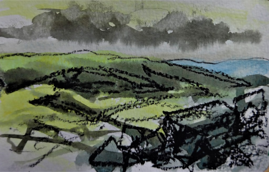 Longmynd from Devil’s Chair Watercolour and charcoal 9 x 13 cm