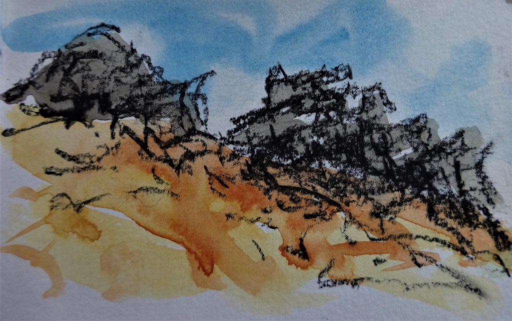 Nipstone Rocks Watercolour and charcoal 9 x 13 cm