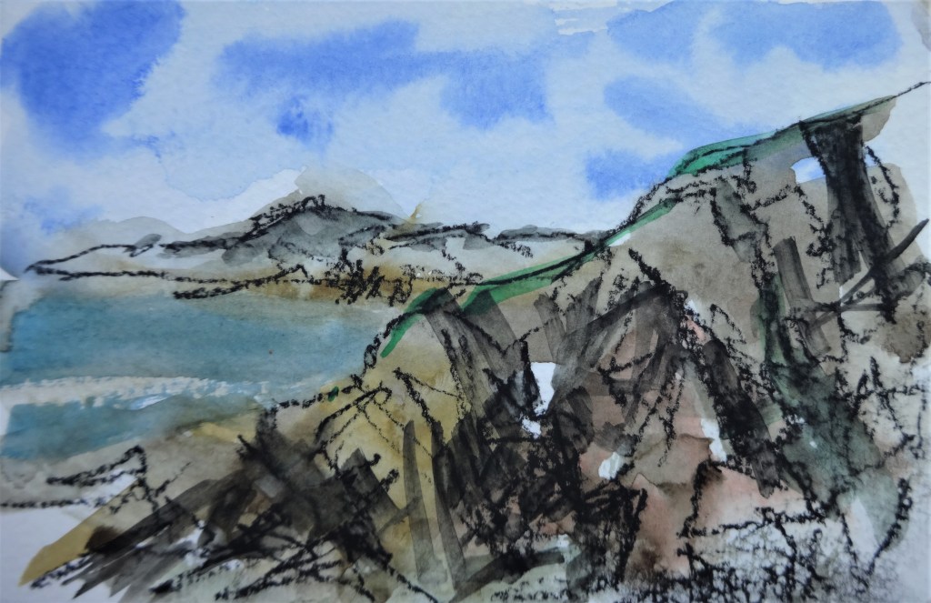 Porthgain towards Strumble Head Watercolour and charcoal 9 x 13 cm
