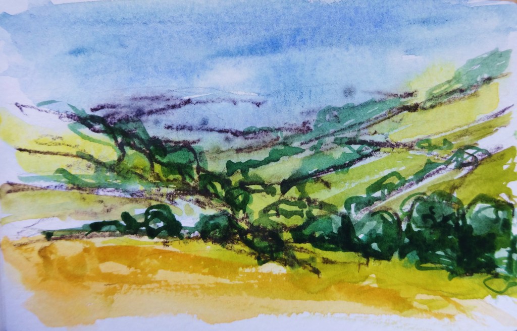River East Onny from Adstone Hill Watercolour and charcoal 9 x 13 cm